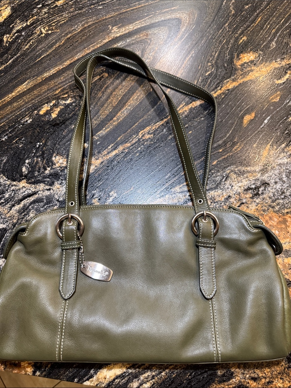 Tignanello Olive Green Leather Shoulder Bag with Dual Straps